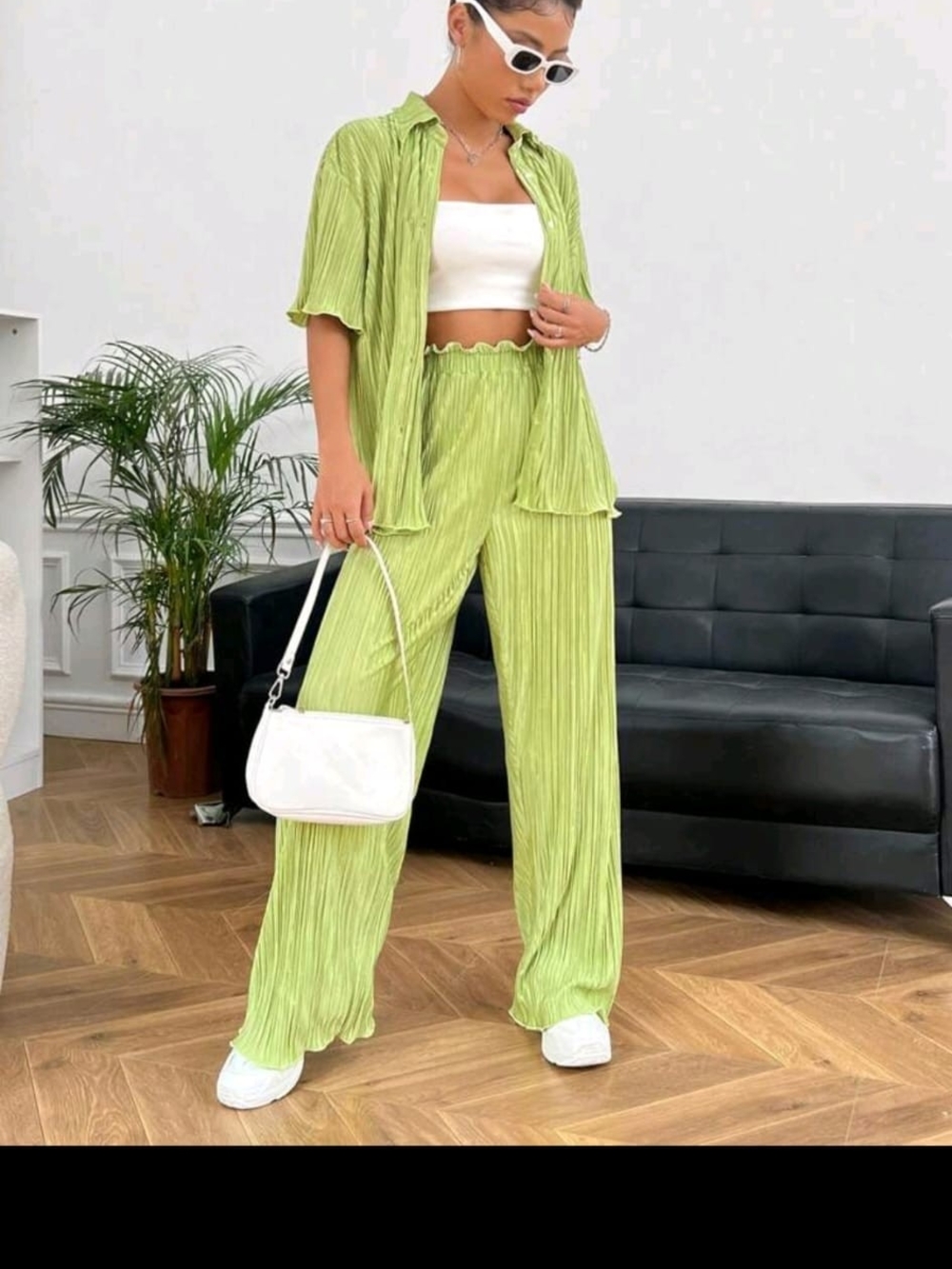 Texture Wide Leg Pants Set in Lime Green